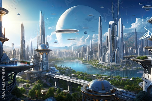 Futuristic city landscape with skyscrapers and high-rise buildings, Modern residential area with high-rise buildings, A fantasy new retro wave city