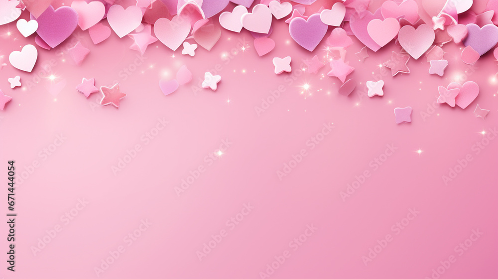 Pink background with hearts, stars and copy space. Generative AI