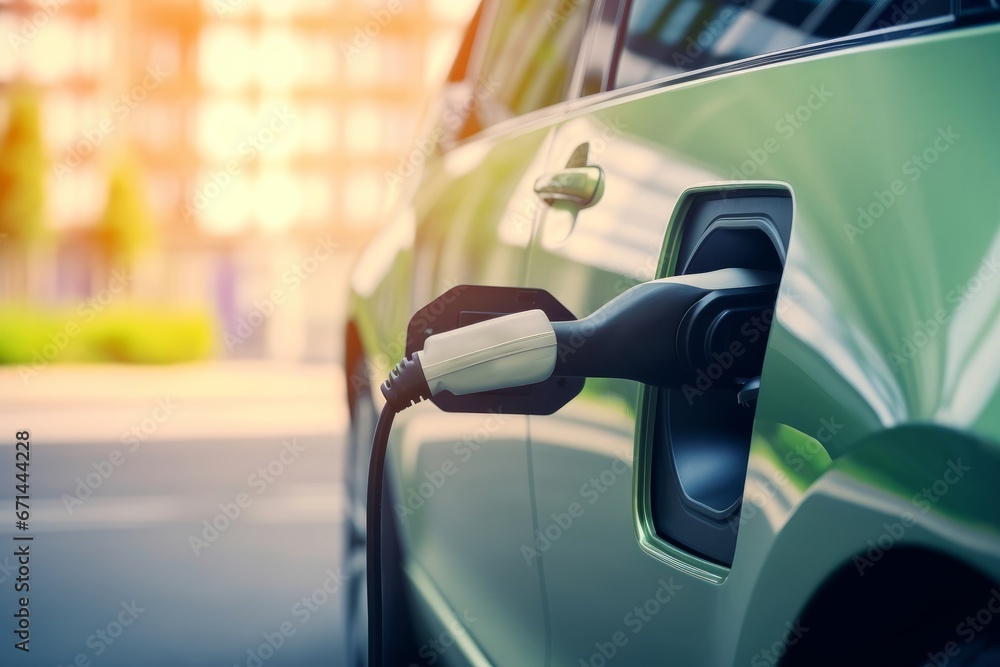 Close up charging an electric car battery, new technology EV Electical Vehicle. Generative AI Close up charging an electric car battery, new technology EV Electical Vehicle. Generative AI