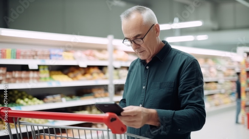 A man uses her smartphone to check his purchase list in a supermarket