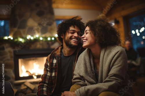 Happy young couple hugging near fireplace in cottage during Christmas holidays
