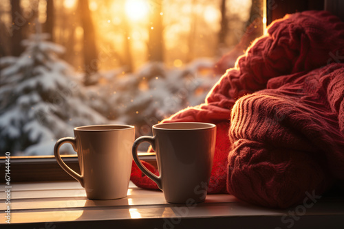 Winter background with two mugs on sill, snowy backdrop, sunset, warm blanket