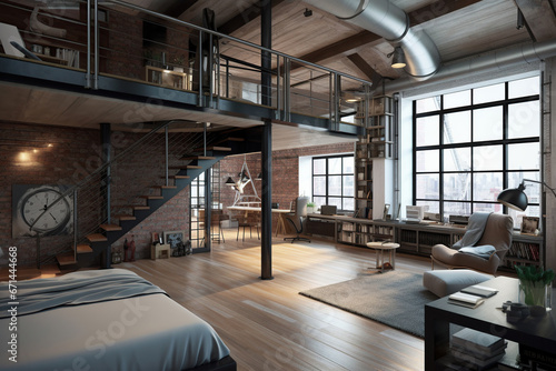 Loft style apartments with large windows in nautical interior design style
