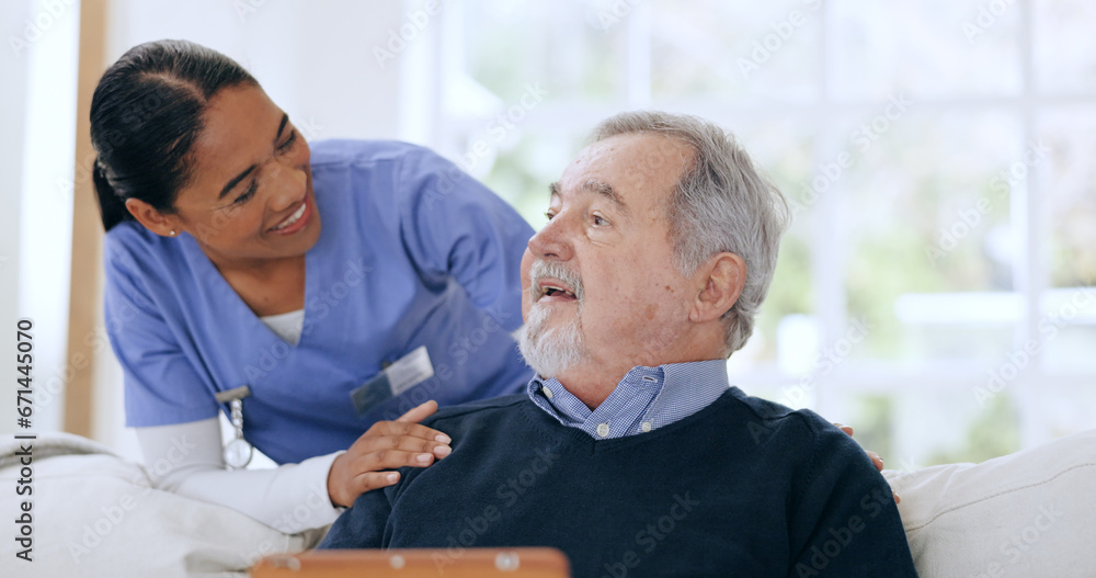 Fototapeta premium Senior man, nurse and retirement home with kindness, smile and couch with touch, care and help. Happiness, healthcare and elderly for nursing, friendly and retired for support, respect and caregiver