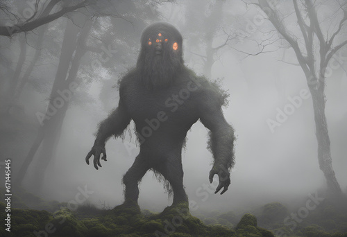 A large monster in a foggy forest