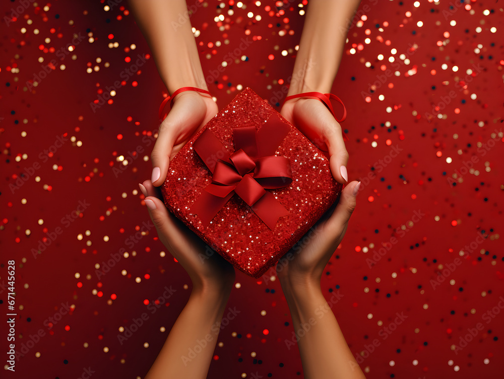 Festive Black Friday: A dynamic bird's-eye view composition featuring female hands holding a red gift box with a red ribbon bow against a red background showered with vibrant confetti stars. Festive Black Friday: A dynamic bird's-eye view composition featuring female hands holding a red gift box with a red ribbon bow against a red background showered with vibrant confetti stars.