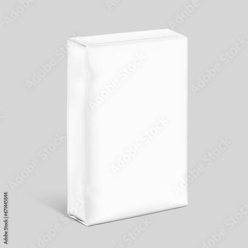 Vertical bag package mockups. Half side view. Vector illustration isolated on grey background. Easy to use for presentation your product, idea, promo, design. EPS10.