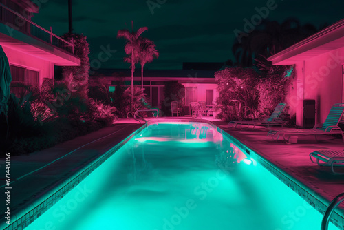 The pool in the hotel with a neon effect. Party by the pool. © Yuliia