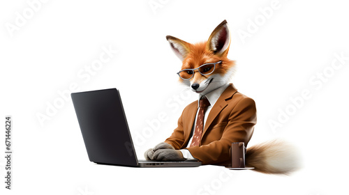 un renard habillé en costume derrière son bureau avec un ordinateur portable, fond blanc