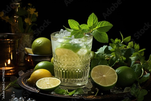 Glass of tasty mojito with lime and mint on dark background