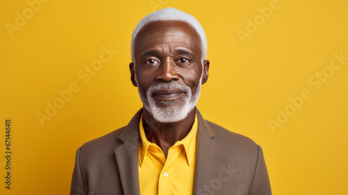 Handsome elegant, elderly African American man, on a yellow background, banner, close-up, copy space.