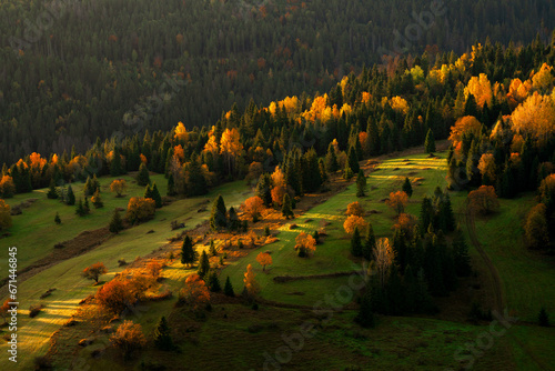 Aerial shot of autumn mountain landscape at sunrise.  photo