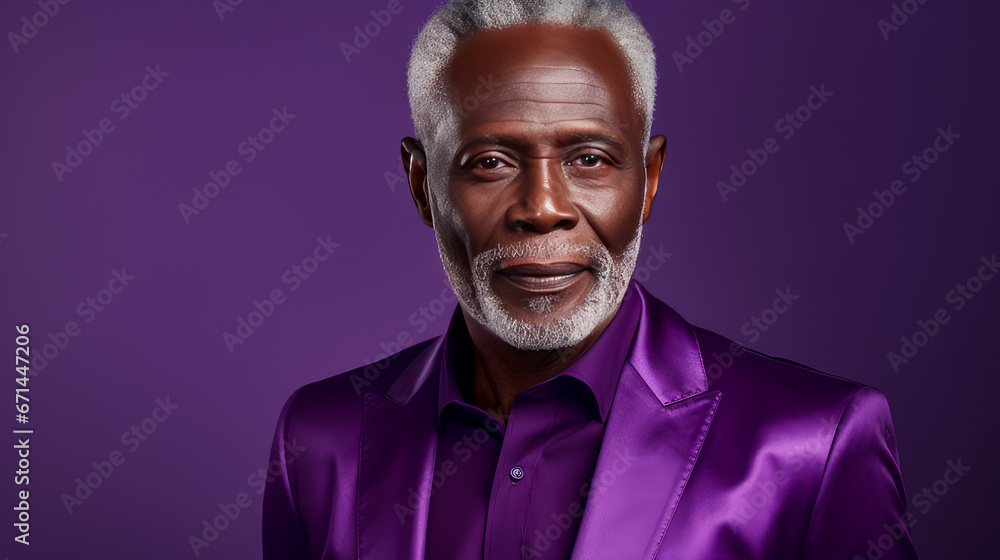 Handsome elegant, elderly African American man, on a purple background, banner, close-up, copy space.