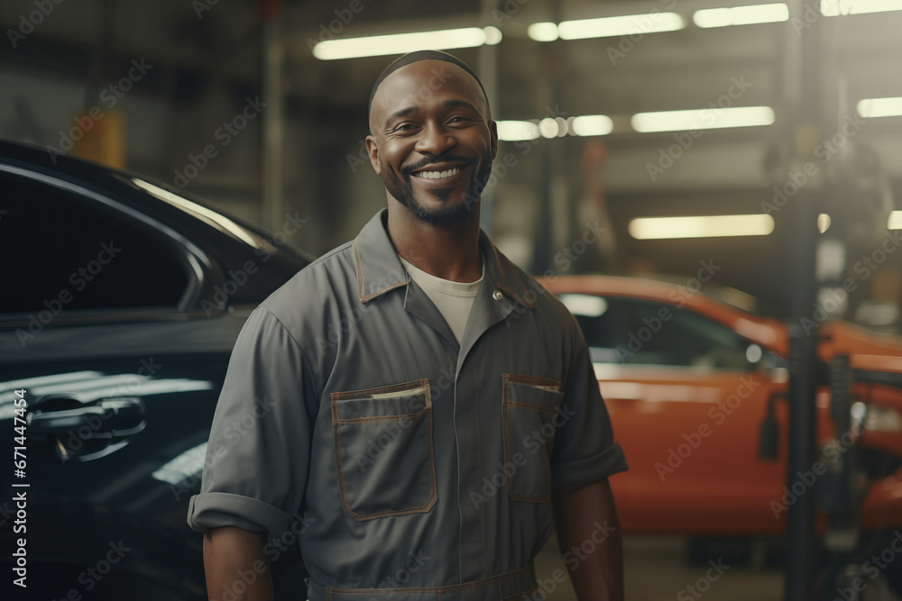 Auto Expertise with a Smile: Black Car Mechanic with Tool, Confidently Standing in Auto Repair Shop. Auto Expertise with a Smile: Black Car Mechanic with Tool, Confidently Standing in Auto Repair Shop.