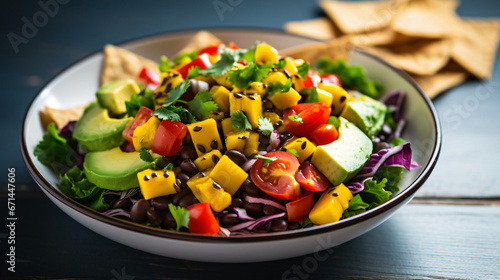 Healthy salad with avocado mango black bean tomato
