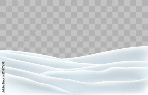 Vector snowdrifts isolated on png background. Snow landscape decoration, frozen hills. Empty snowbanks field. Christmas vector illustration. Transparent background.
