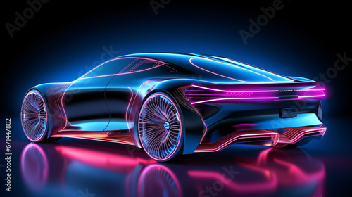 Futuristic car design with glowing wire-frame neon light.
