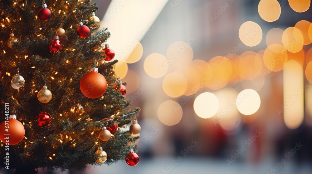 Christmas tree with lights in bokeh, empty copy space