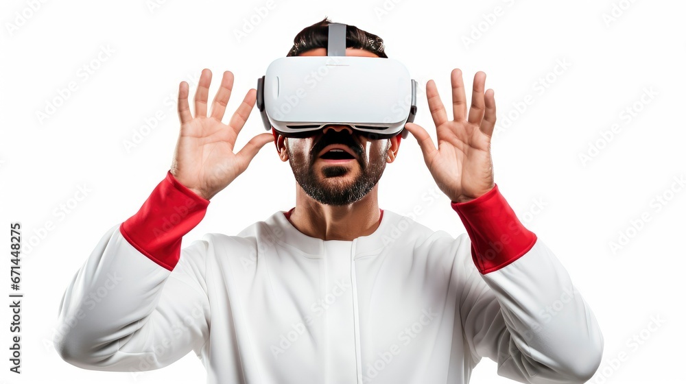 Portrait of shocked man wearing virtual reality glasses isolated on white background with copy space. Banner template of shocked man with VR glasses Portrait of shocked man wearing virtual reality glasses isolated on white background with copy space. Banner template of shocked man with VR glasses