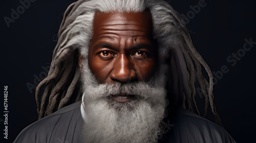 Handsome elderly black African American man with long dreadlocked hair, on a gray background, banner.