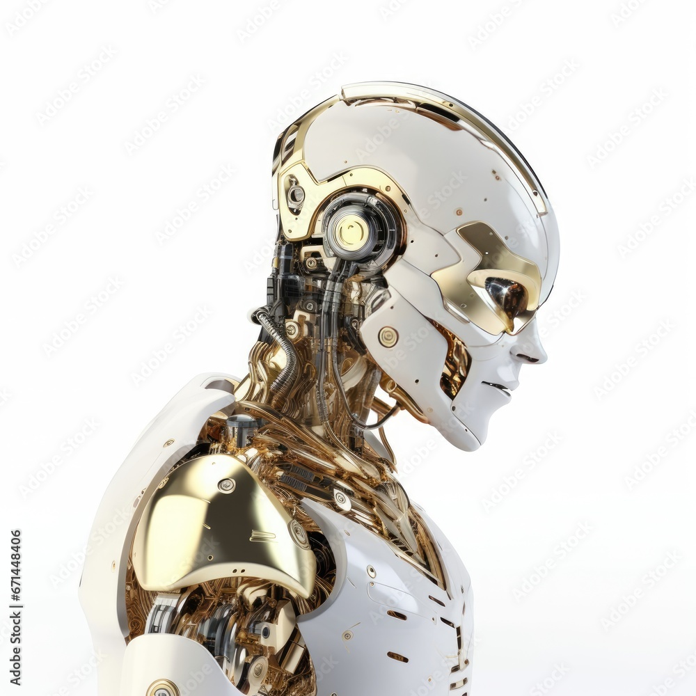 Fototapeta premium Photo realistic half body robot gold and white accents