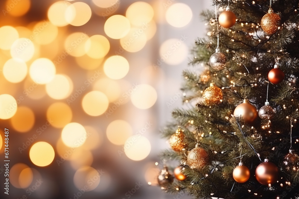 Christmas tree with lights in bokeh, empty copy space