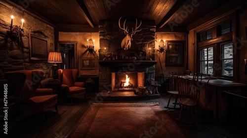 Photo A cozy cabin interior with a roaring fire in the stone