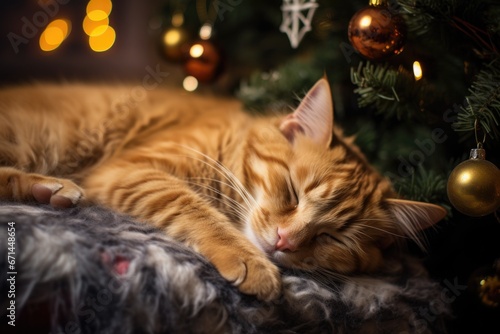 cat sleeping under the Christmas tree. Generative AI