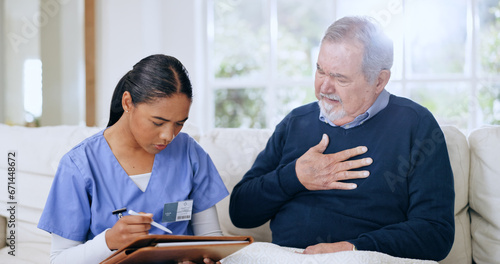 Caregiver, consulting and elderly man with chest pain, lunge cancer or sick from medical infection, virus or tuberculosis. Nurse consultation, healthcare checklist or client explain breathing problem