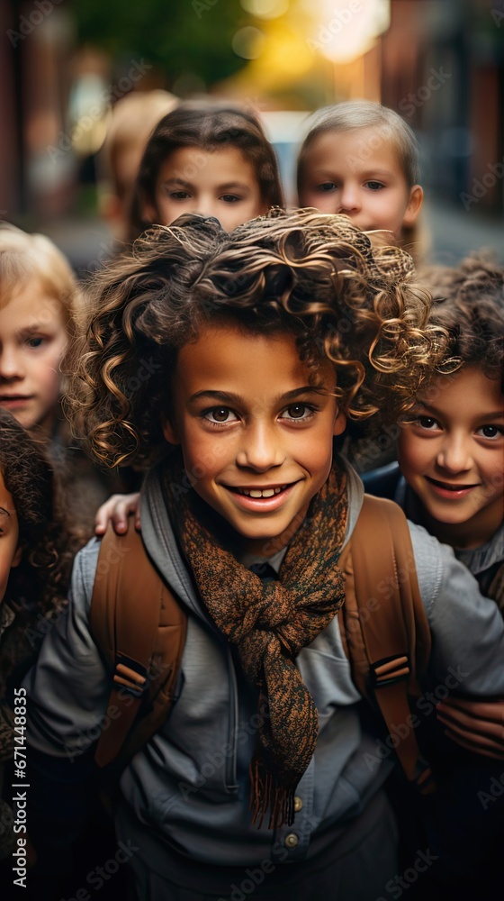 Portrait of smiling school kids standing in circle at school yard with look in camera. People portrait illustration. Generative AI