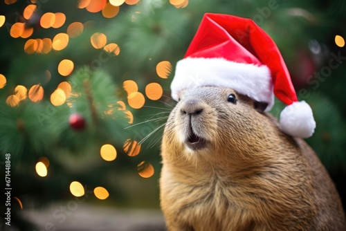 capybara wearing Santa hat on bokeh backdrop. © dashtik