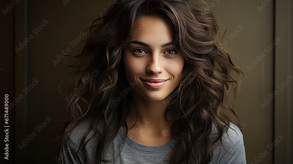 Fototapeta premium Portrait of a young latin woman with pleasant smile and crossed arms on grey wall with copy space. Beautiful girl with folded arms looking at camera against grey wall. Generative AI art