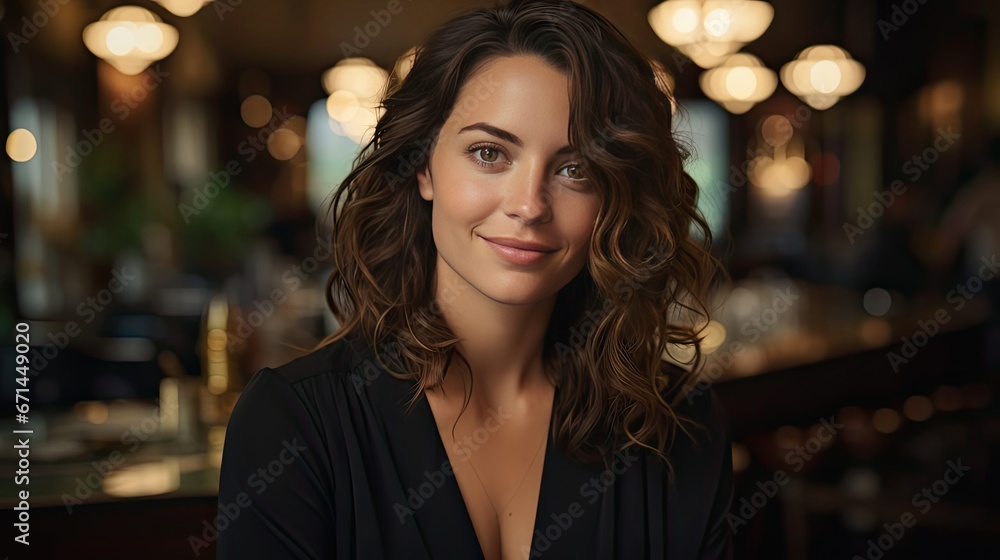 Portrait of ambitious and confident adult 30s woman, cross arms and smiling happy at camera, looking forward, standing against background. Woman portrait illustration. Generative AI Portrait of ambitious and confident adult 30s woman, cross arms and smiling happy at camera, looking forward, standing against background. Woman portrait illustration. Generative AI