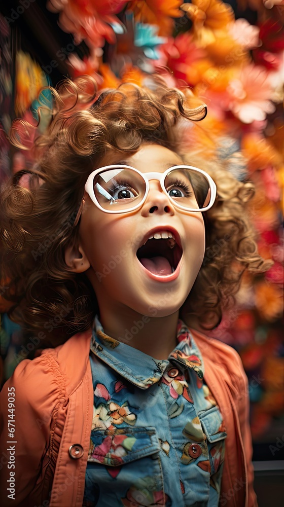Obraz premium Portrait of surprised cute little toddler girl in sunglasses over background. People portrait illustration. Generative AI