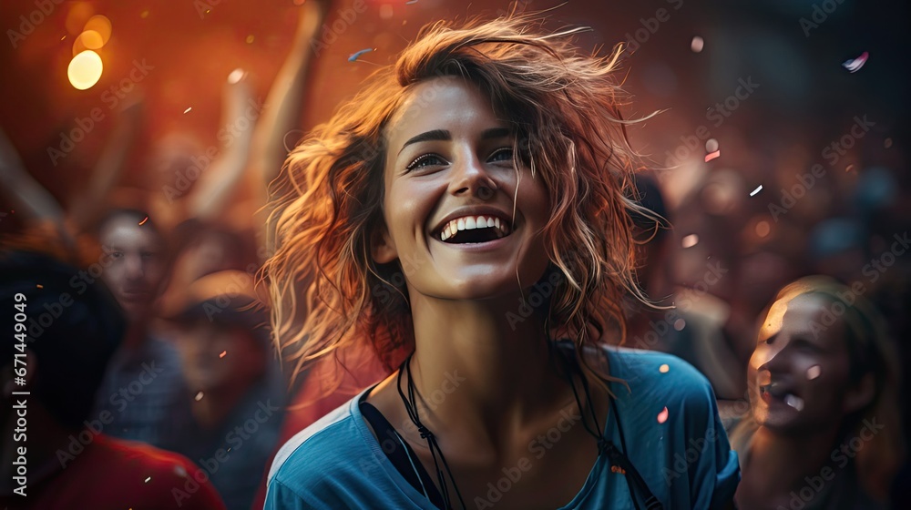 Collage of cheerful excited glad optimistic crowd of different human have toothy beaming smile wear casual clothes over background. Woman portrait illustration. Generative AI
