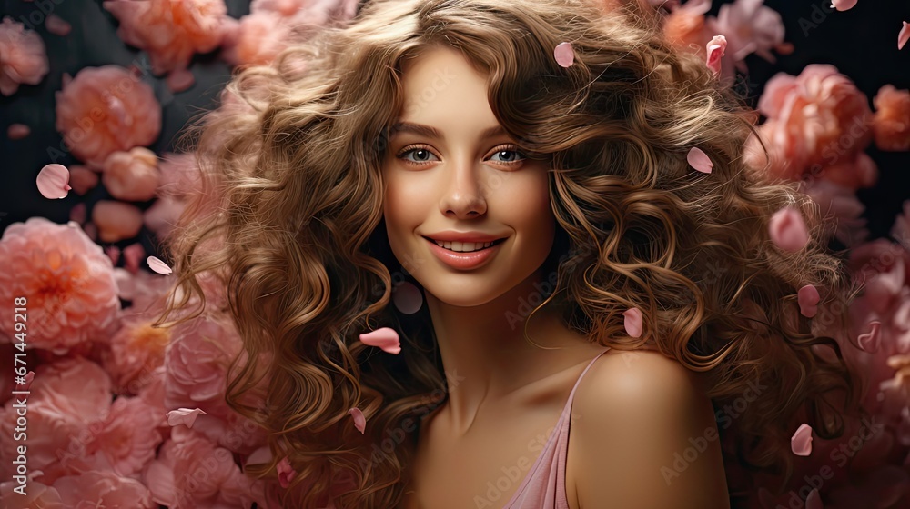 Beauty brunette girl with long shiny curly hair. Beautiful smiling woman model wavy hairstyle. Cosmetology, cosmetics and make-up. Model illustration. Generative AI Beauty brunette girl with long shiny curly hair. Beautiful smiling woman model wavy hairstyle. Cosmetology, cosmetics and make-up. Model illustration. Generative AI
