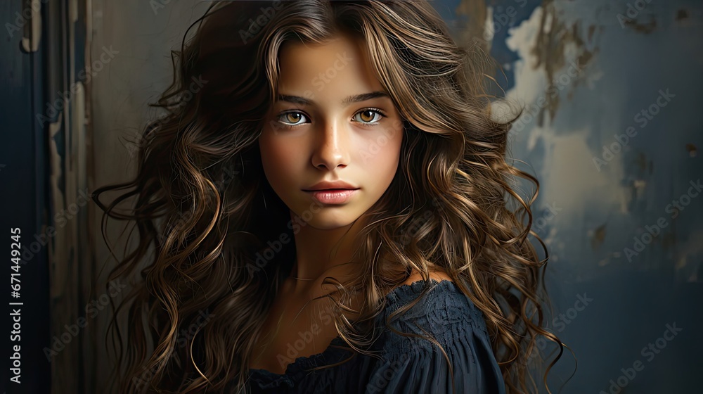 Studio portrait of girl looking standing alone against a background. People portrait illustration. Generative AI Studio portrait of girl looking standing alone against a background. People portrait illustration. Generative AI