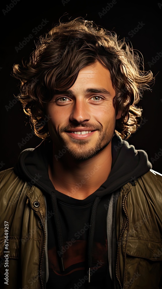 Fototapeta premium Young Brazilian man on background laughing. Man portrait illustration. Generative AI