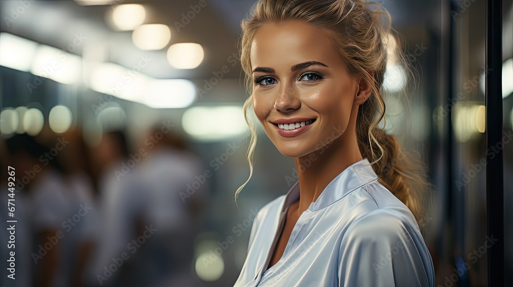 Obraz premium Woman Brushing Teeth Holding Toothbrush Smiling To Mirror In Bathroom. Dental care illustration. Generative AI