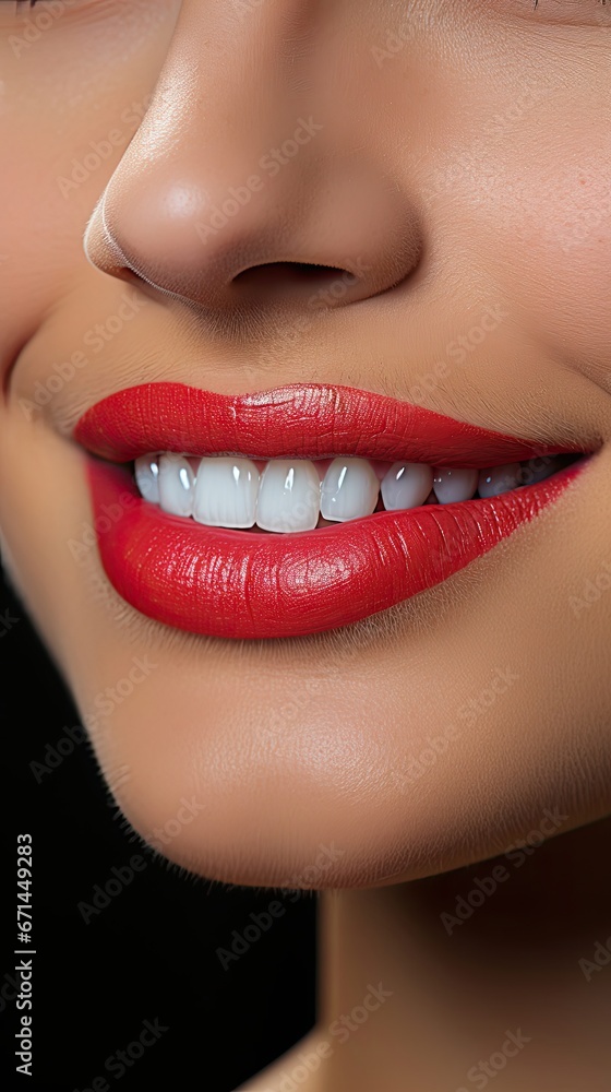 Obraz premium Closeup of smile with white healthy teeth. Smile emotion illustration. Generative AI