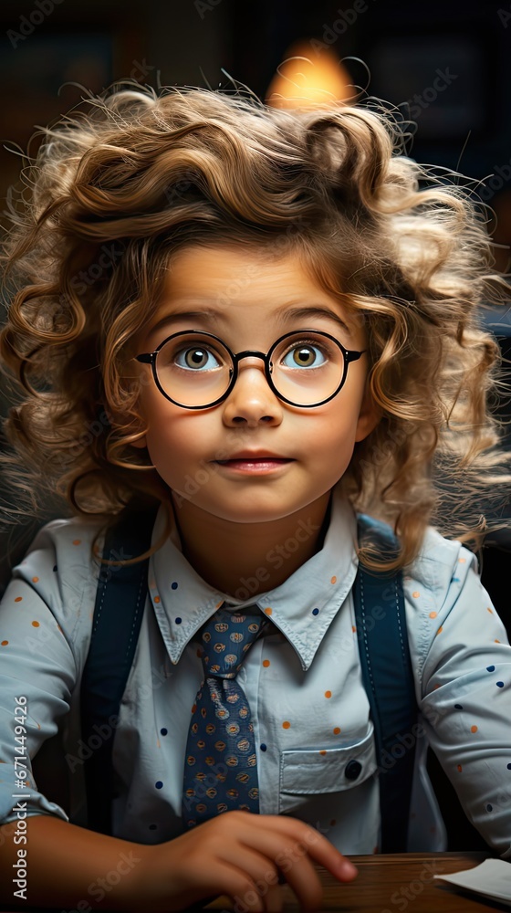 Surprised cute child in eyeglasses, writing in notebook using pencil, keeping mouth wide open. People portrait illustration. Generative AI