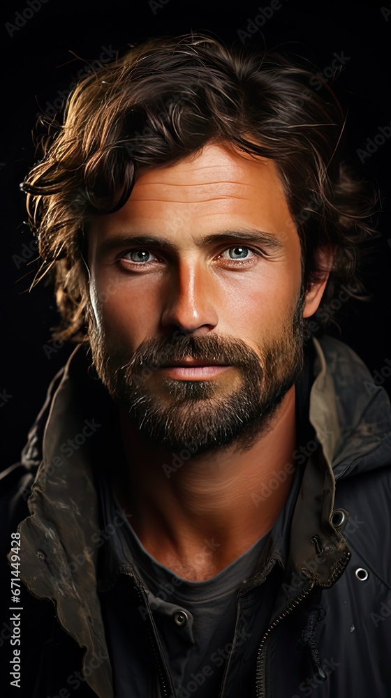 Obraz premium Portrait of handsome man. Man face portrait illustration. Generative AI