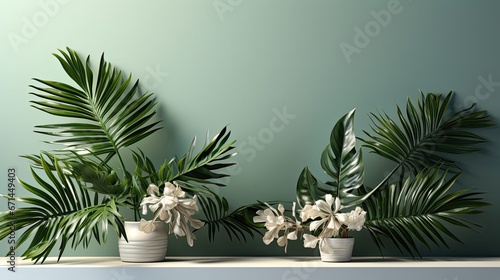 Tropical leaves natural shadow overlay on white texture background, for overlay on product presentation, backdrop and mockup, summer seasonal concept. Background with shadow. Generative AI
