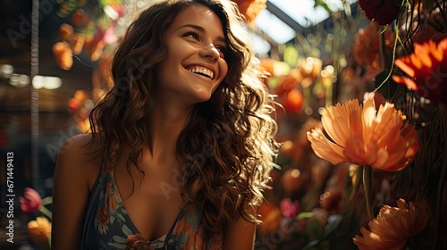 Beautiful young woman with smooth tanned skin laughs cheerfully while standing against the background of exotic plants and flowers. Model illustration. Generative AI