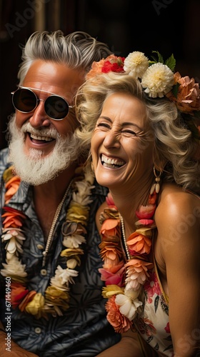 Elderly couple. Joyful nice elderly couple smiling while being in a great mood. Smile emotion illustration. Generative AI