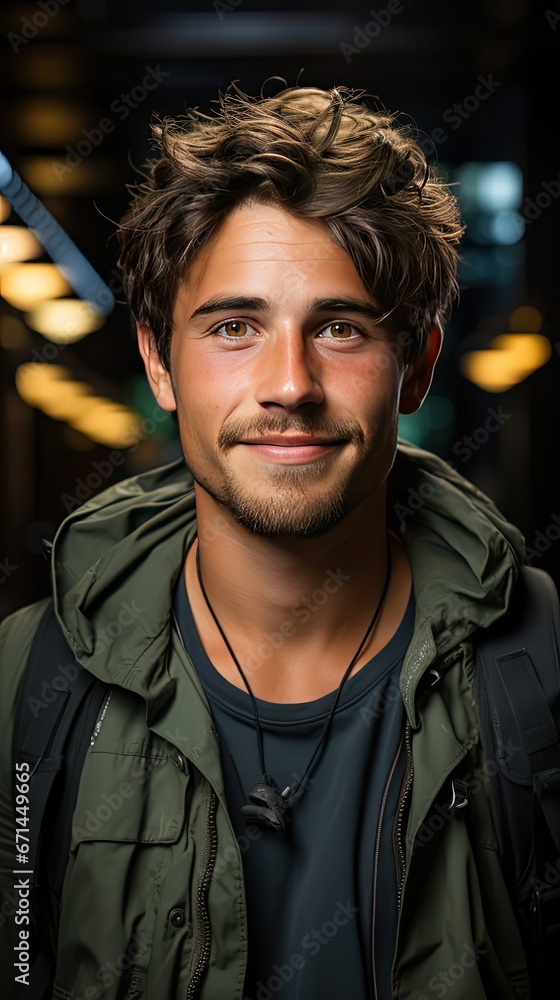 Obraz premium Casual portrait of happy university student guy standing with arms folded, laughing. Man face portrait illustration. Generative AI