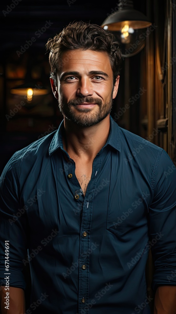Confidence and business concept. Portrait of charming successful young entrepreneur in blue-collar shirt, smiling broadly with self-assured expression while holding hands in pockets. Generative AI art Confidence and business concept. Portrait of charming successful young entrepreneur in blue-collar shirt, smiling broadly with self-assured expression while holding hands in pockets. Generative AI art