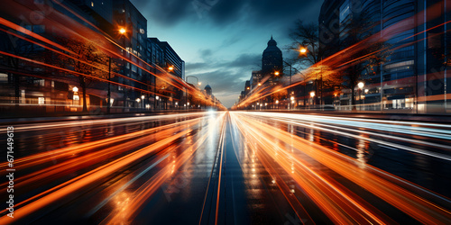 long exposure of fast paced city streets with car light traces. Speeding Through the City: Light Streaks photo