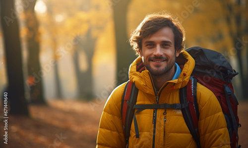 Male hiker, man walking in autumn forest.