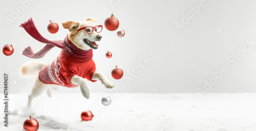 Funny dog in red sweater jumping with christmas balls on white background.